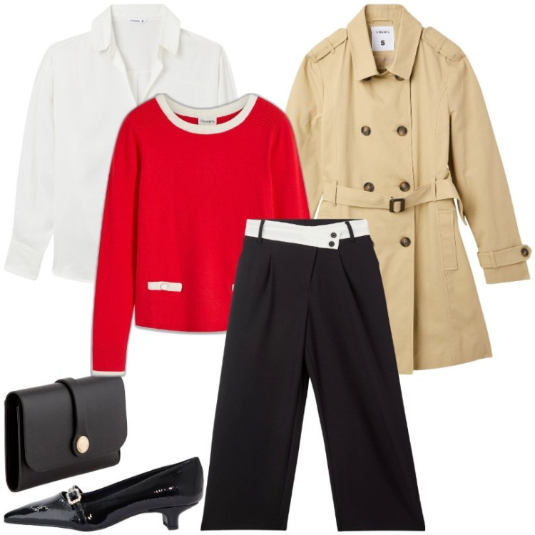Outfit donna - Total look #2085408. Stile Casual chic per Ufficio. Abbinamento con maglieria, pantaloni, camicie, trench, ballerine, portafogli.