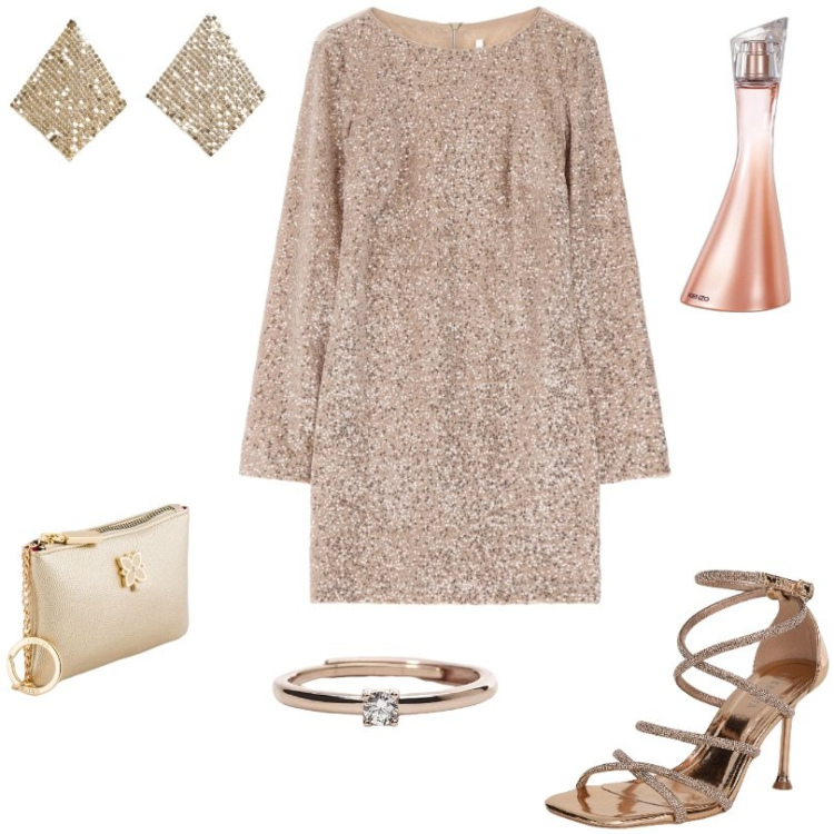 Outfit donna - Unisce sofisticazione e dinamismo. Stile Glamour per Serata fuori. Abbinamento con profumi, orecchini, sandali col tacco, anelli, vestiti corti, portamonete.