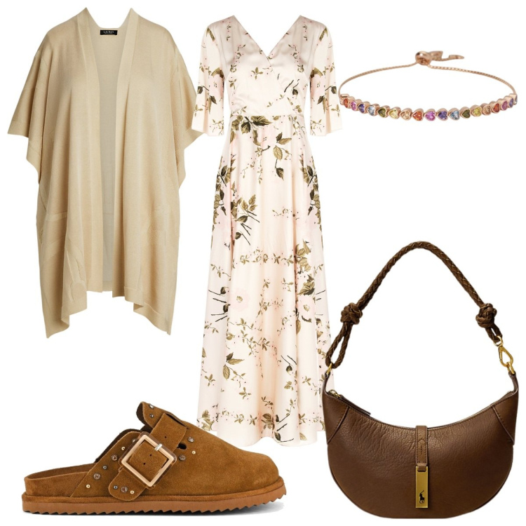 Outfit donna - Cappe e mantelle a marzo: boho. Stile Boho per Tutti i giorni. Abbinamento con vestiti lunghi, braccialetti, borse a spalla, cappe, sabot.