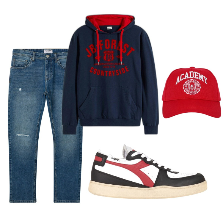 Outfit uomo - Total look #2085430. Stile Casual per Tutti i giorni. Abbinamento con felpe con cappuccio, sneakers, cappelli, jeans strappati.