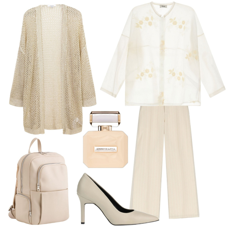 Outfit donna - La camicia floreale. Stile Minimal per Ufficio. Abbinamento con décolleté, profumi, kimono, pantaloni, camicie, zaini.