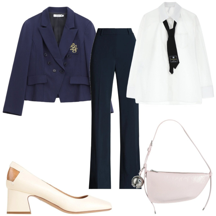 Outfit donna - Elegante in primavera: festa di laurea. Stile Chic per Cerimonia. Abbinamento con pantaloni, décolleté, borse a mano, blazer, camicie.