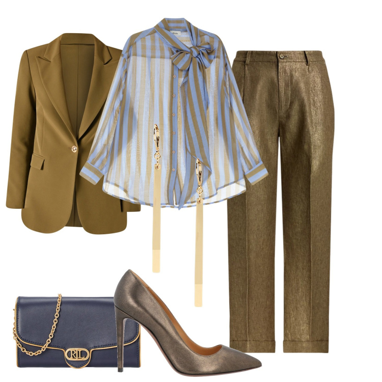 Outfit donna - Total look #2085436. Stile Glamour per Cerimonia. Abbinamento con décolleté, camicie, blazer, pantaloni, orecchini, borse a tracolla.