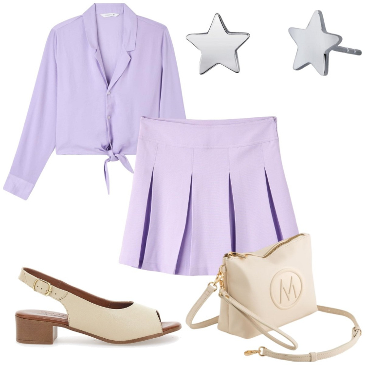 Outfit donna - I colori della rinascita: lilla. Stile Trendy per Tutti i giorni. Abbinamento con camicie, gonne, orecchini, sandali col tacco, valigie.
