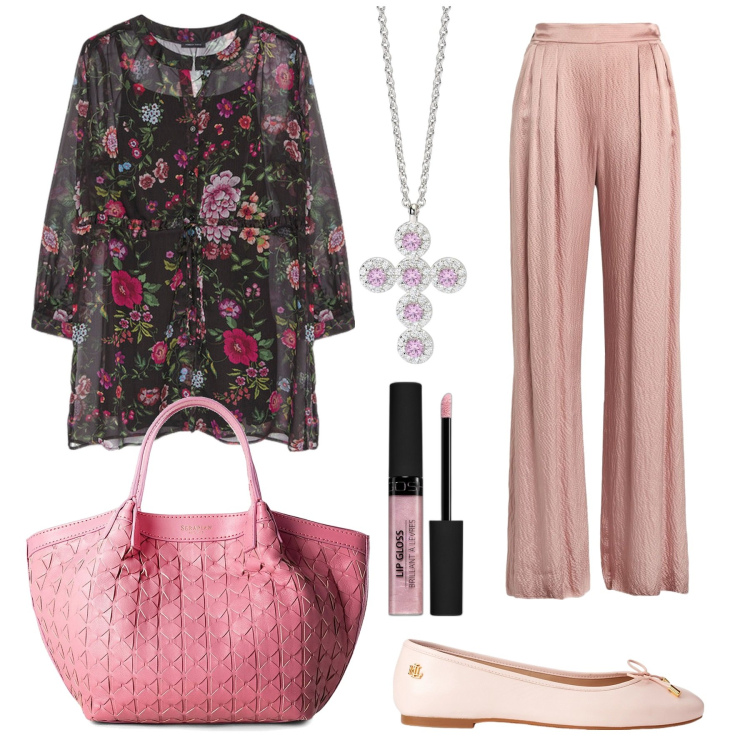 Outfit donna - Fiori primaverili e trasparenze. Stile Romantica per Serata fuori. Abbinamento con pantaloni, borse a mano, gloss, ciondoli, ballerine, camicie.