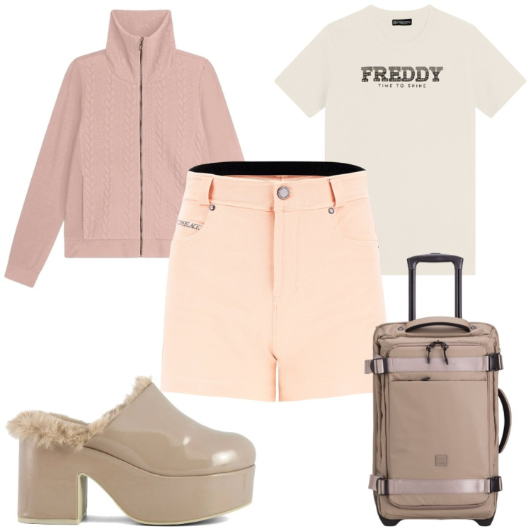 Outfit donna - I colori della rinascita : rosa pesca. Stile Trendy per Tutti i giorni. Abbinamento con felpe, shorts, t-shirt, sabot, valigie.
