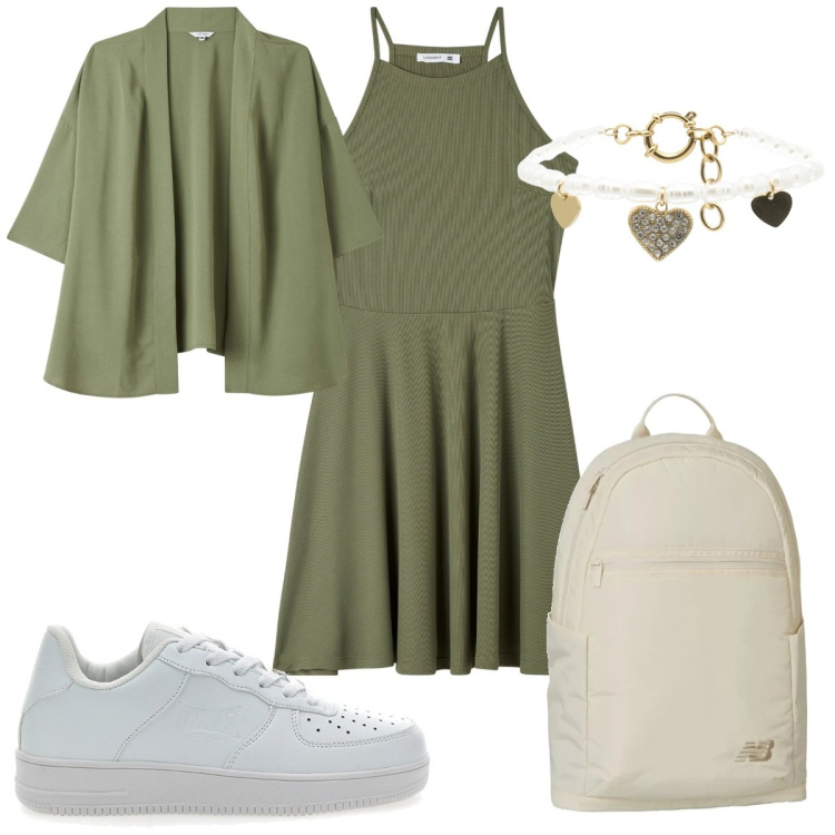 Outfit donna - I colori della rinascita: verde salvia. Stile Basic per Tutti i giorni. Abbinamento con vestiti corti, kimono, zaini, braccialetti, sneakers.