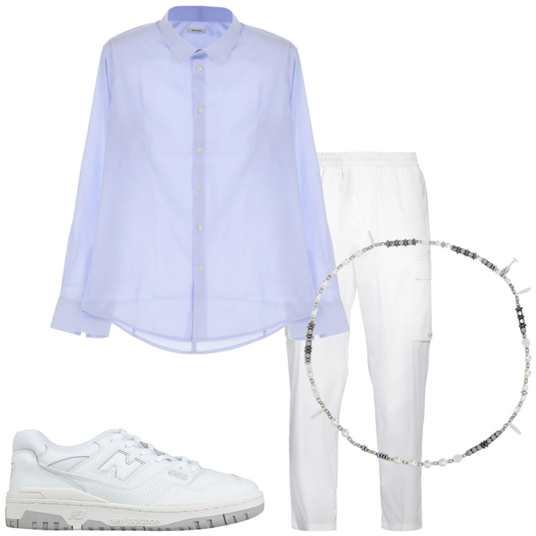 Outfit uomo - Trasparente e leggero. Stile Trendy per Serata speciale. Abbinamento con sneakers, pantaloni cargo, camicie, collane.