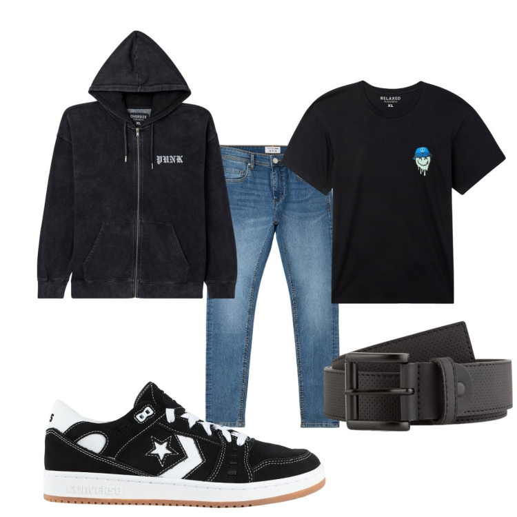 Outfit uomo - Total look #2085455. Stile Casual per Tutti i giorni. Abbinamento con sneakers, t-shirt, jeans skinny, felpe con cappuccio, cinture.