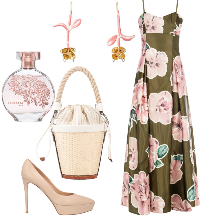 Outfit donna - Svolazzano i fiori a primavera. Stile Chic per Serata fuori. Abbinamento con orecchini, borse a secchiello, décolleté, vestiti lunghi, profumi.