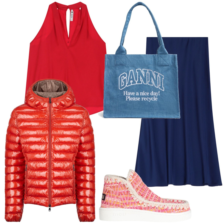 Outfit donna - Fresca mattina. Stile Trendy per Tutti i giorni. Abbinamento con stivaletti, top, gonne longuette, blazer, shopping bag.