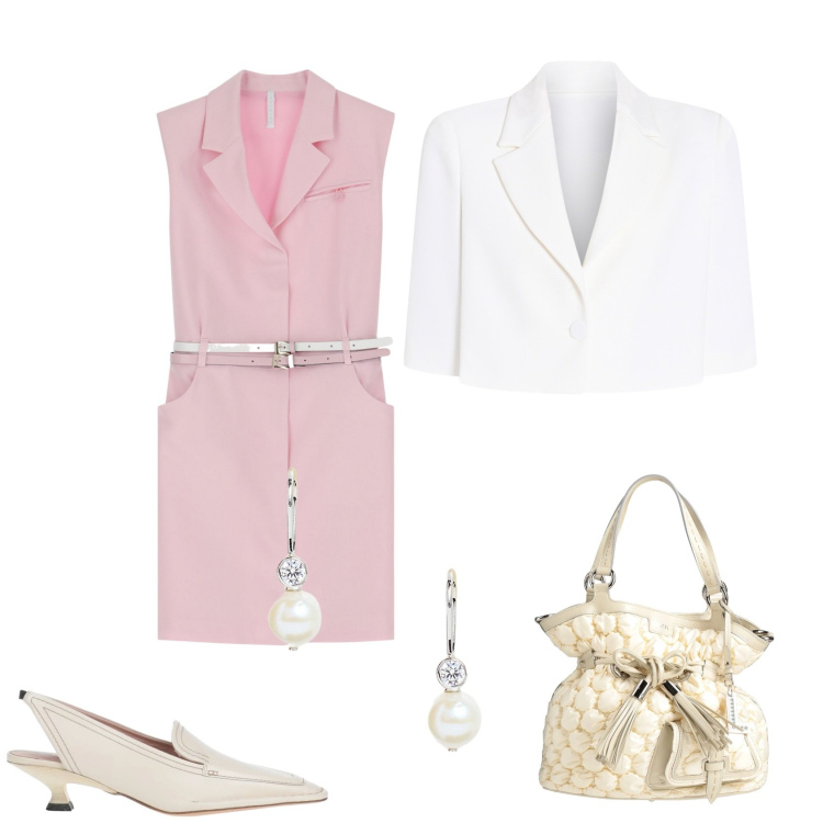 Outfit donna - Cerimonia di inizio primavera. Stile Chic per Cerimonia. Abbinamento con décolleté, borse a secchiello, cappe, vestiti corti, orecchini.