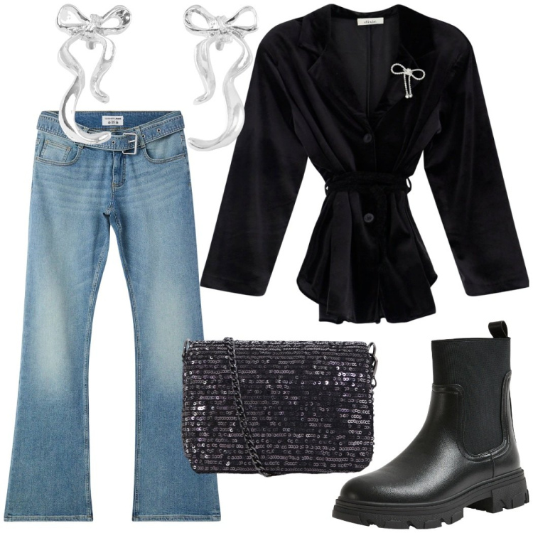 Outfit donna - Jeans e camicia per la sera. Stile Casual chic per Serata fuori. Abbinamento con jeans a zampa, orecchini, stivaletti chelsea, borse a tracolla, camicie.