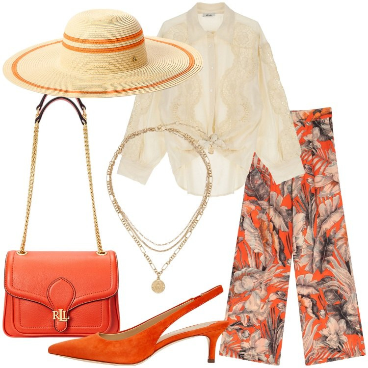 Outfit donna - Dixie - Sognando Siviglia SS25. Stile Romantica per Cerimonia. Abbinamento con pantaloni a palazzo, camicie, ciondoli, décolleté, borse a spalla, cappelli.