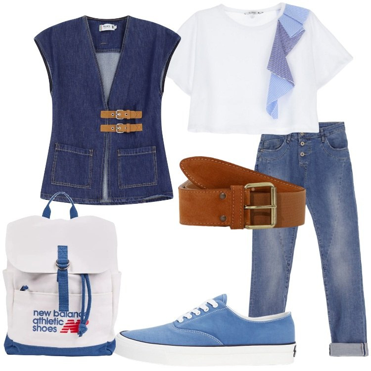 Outfit donna - Please - Ispirazione Saint-Tropez SS25. Stile Trendy per Tutti i giorni. Abbinamento con zaini, jeans slim fit, t-shirt, gilet, cinture, sneakers.