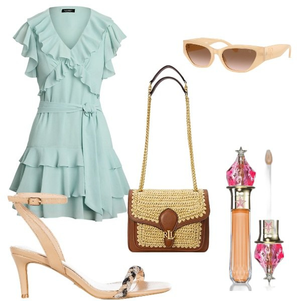 Outfit donna - leggerezza. Stile Romantica per Tutti i giorni. Abbinamento con correttori, sandali in pelle, vestiti, borse a spalla, occhiali da sole.