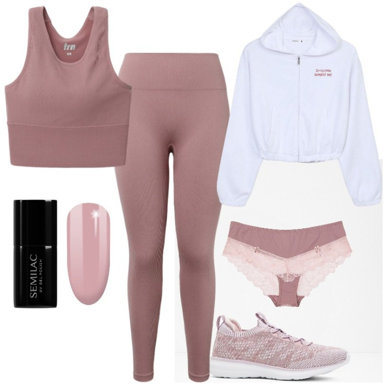 Outfit donna - Rosa fard. Stile Basic per Sport. Abbinamento con sneakers, culotte, smalti, leggings sportivo, top sportivi, felpe con cappuccio.