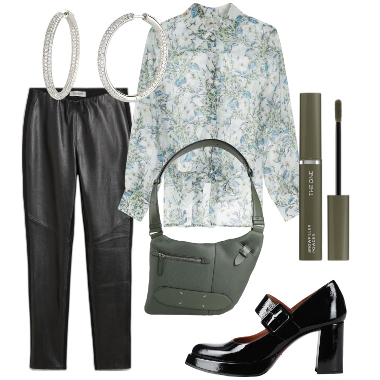 Outfit donna - Total look #2085526. Stile Trendy per Serata fuori. Abbinamento con leggings, décolleté, borse a tracolla, eyeliner, orecchini, camicie.