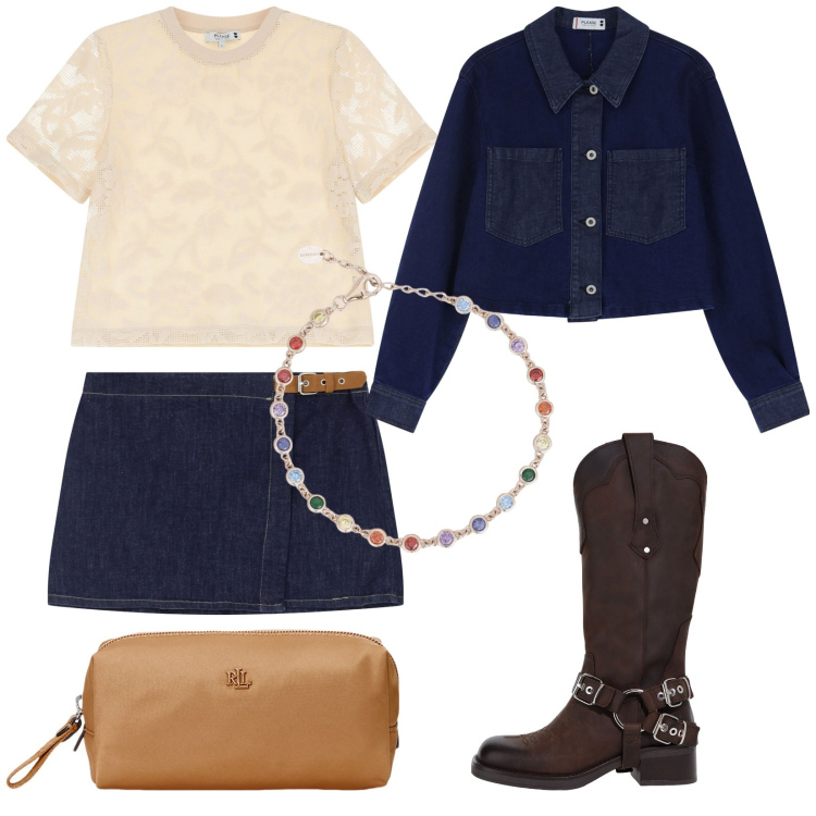 Outfit donna - A Saint -Tropez. Stile Trendy per Tutti i giorni. Abbinamento con braccialetti, minigonne, blazer, t-shirt, stivali, pochette.