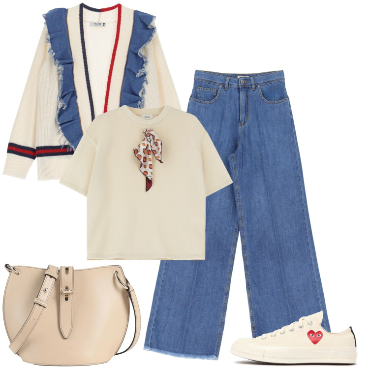 Outfit donna - Total look #2085533. Stile Casual per Tutti i giorni. Abbinamento con borse a tracolla, cardigans, jeans, t-shirt, sneakers.
