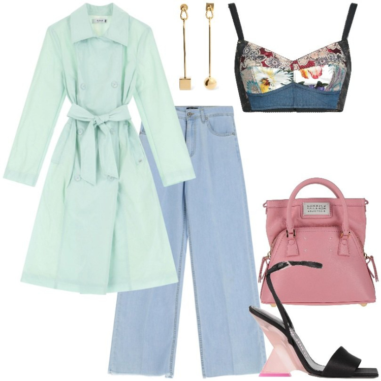 Outfit donna - Street style a colori. Stile Trendy per Tutti i giorni. Abbinamento con top, borse a mano, sandali in pelle, trench, jeans, orecchini.