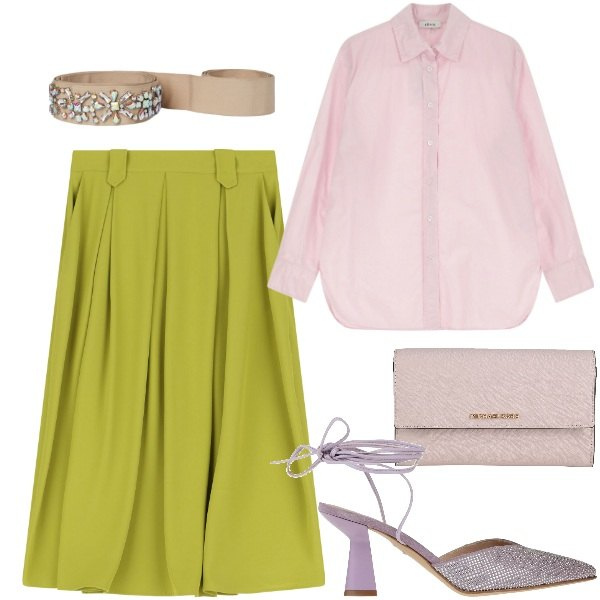 Outfit donna - Una camicia per me. Stile Bon Ton per Ufficio. Abbinamento con borse a mano, décolleté, camicie, gonne longuette, cinture.