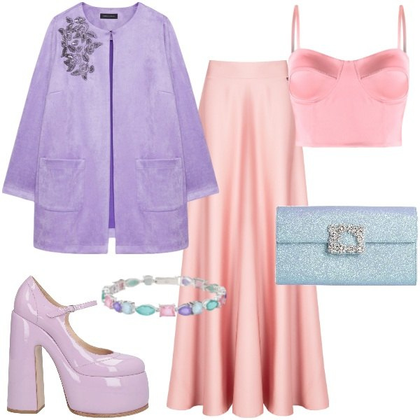 Outfit donna - I colori della rinascita. Stile Romantica per Cerimonia. Abbinamento con borse a mano, décolleté, braccialetti, gonne, canottiere, trench.