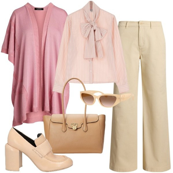 Outfit donna - Cappe e mantelle a marzo. Stile Bon Ton per Ufficio. Abbinamento con mocassini, camicie, occhiali da sole, pantaloni, borse a mano, cappe.