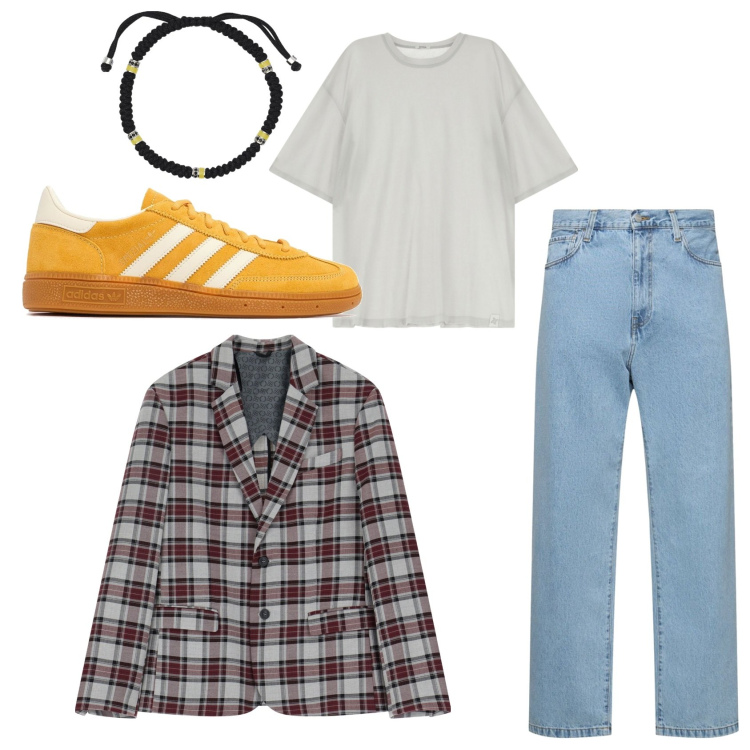 Outfit uomo - Giacc per tutti i giorni. Stile Casual per Tutti i giorni. Abbinamento con braccialetti, giacche, t-shirt, sneakers, jeans.