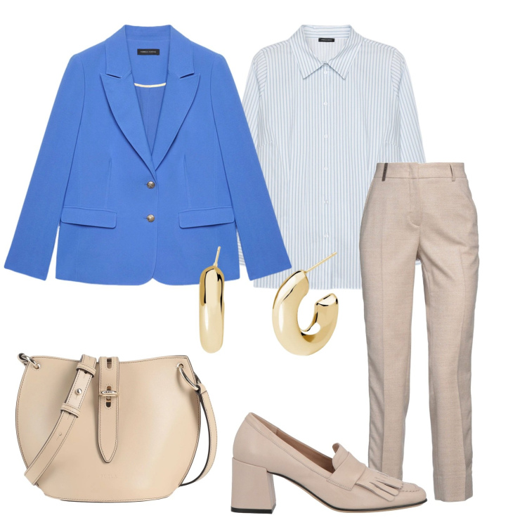 Outfit donna - Total look #2085563. Stile Casual chic per Ufficio. Abbinamento con pantaloni, mocassini, borse a tracolla, orecchini, blazer, camicie.
