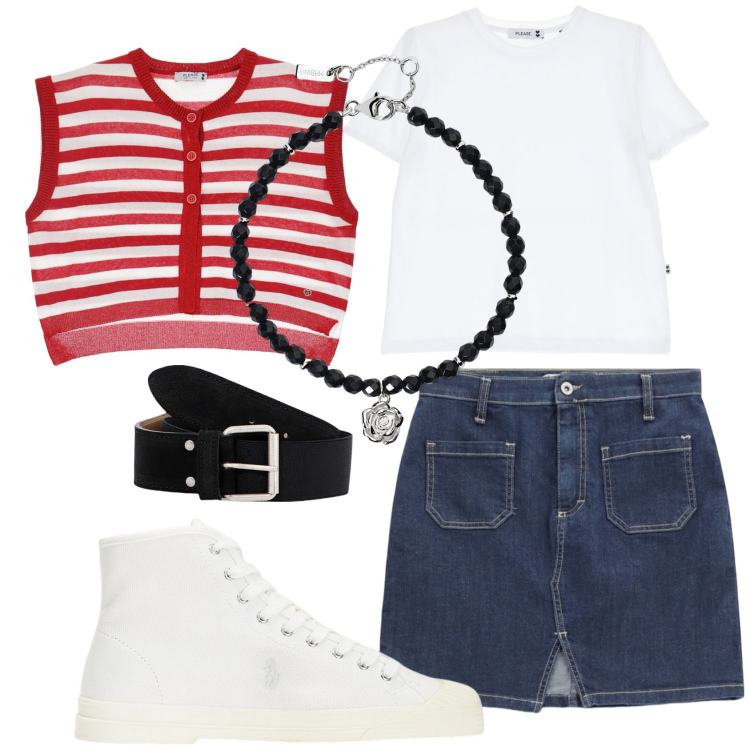 Outfit donna - Please ispirazione Saint Tropez. Stile Casual per Tutti i giorni. Abbinamento con braccialetti, gilet, t-shirt, minigonne, cinture, sneakers alte.