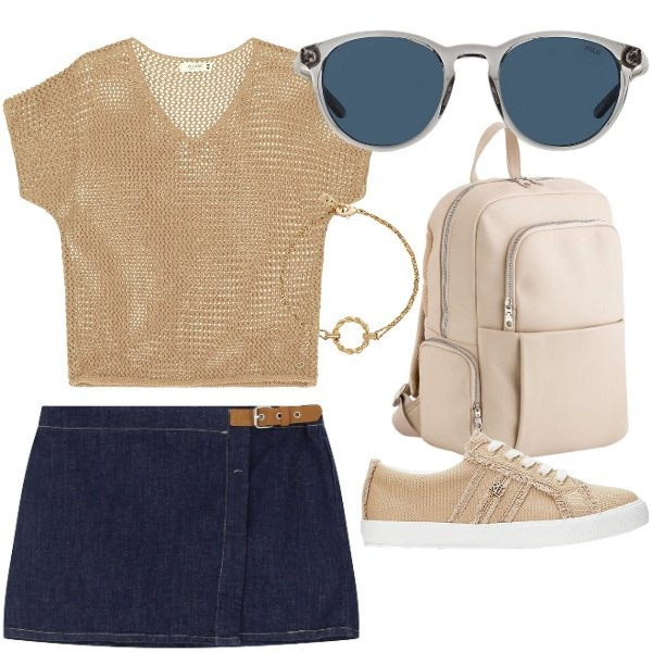 Outfit donna - la minigonna di jeans. Stile Casual per Tutti i giorni. Abbinamento con maglieria, minigonne, occhiali da sole, braccialetti, sneakers, zaini.