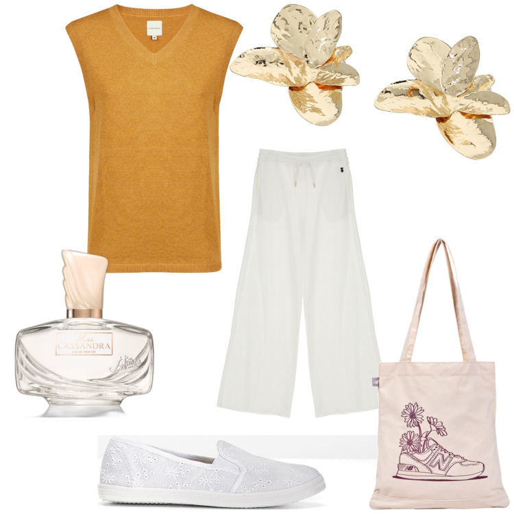 Outfit donna - Margherite nei prati. Stile Casual chic per Tutti i giorni. Abbinamento con ballerine, profumi, shopping bag, pantaloni a palazzo, orecchini, maglieria.