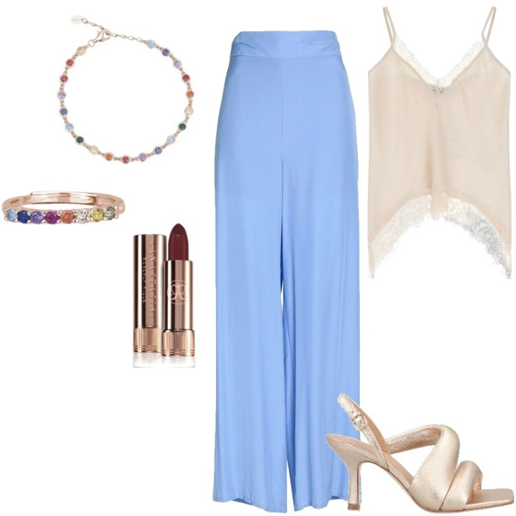 Outfit donna - sandali ankle strap effetto laminato. Stile Chic per Tutti i giorni. Abbinamento con pantaloni, sandali in pelle, rossetti, anelli, braccialetti, top.