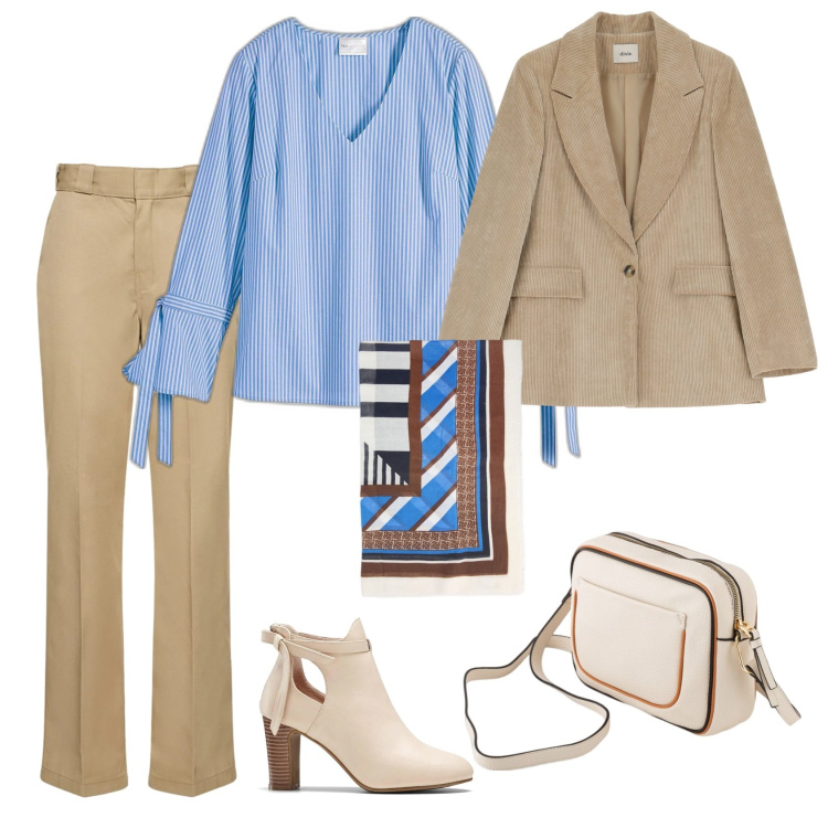 Outfit donna - Beige e azzurro per l\'ufficio. Stile Bon Ton per Ufficio. Abbinamento con stivaletti, tuniche, blazer, foulard, pantaloni, borse a tracolla.