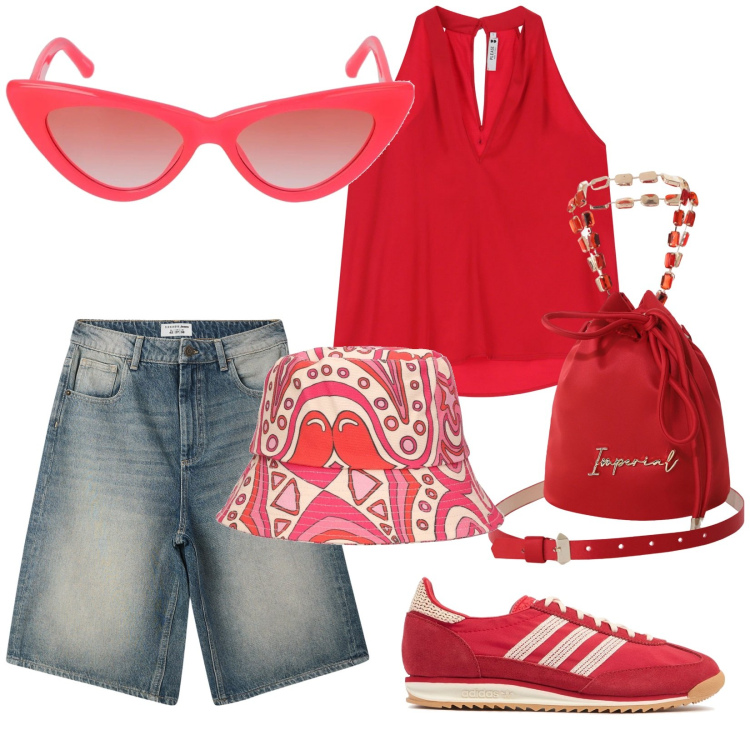 Outfit donna - Think red. Stile Urban per Tutti i giorni. Abbinamento con bermuda, top, borse a secchiello, sneakers, occhiali da sole, cappelli.