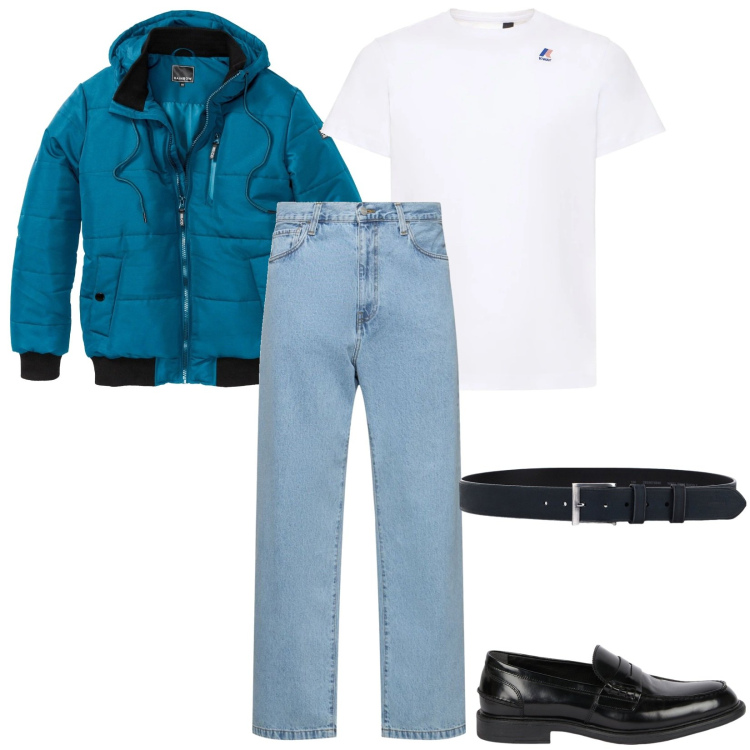 Outfit uomo - Total look #2085601. Stile Casual per Tutti i giorni. Abbinamento con bomber, cinture, jeans, scarpe stringate, t-shirt.