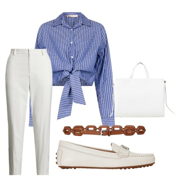 Outfit donna - la camicia a righe. Stile Casual per Tutti i giorni. Abbinamento con borse a mano, camicie, pantaloni, mocassini, cinture.