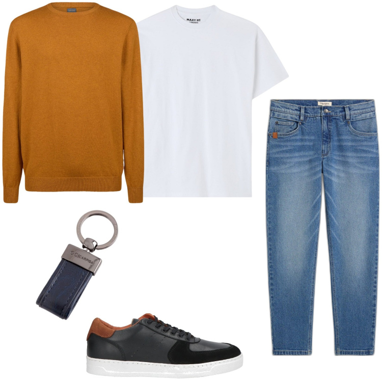 Outfit uomo - Total look #2085610. Stile Casual per Tutti i giorni. Abbinamento con jeans, sneakers, t-shirt, maglieria, portachiavi.