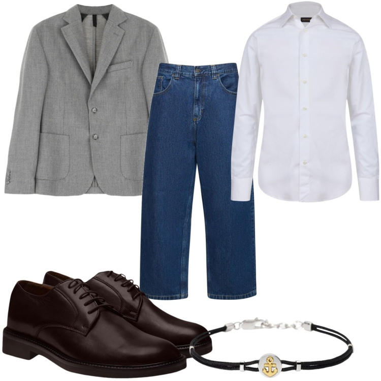 Outfit uomo - Giacca trendy in primavera. Stile Trendy per Tutti i giorni. Abbinamento con braccialetti, giacche, scarpe stringate, camicie, jeans.