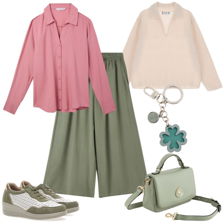 Outfit donna - I colori della rinascita. Stile Casual chic per Tutti i giorni. Abbinamento con pantaloni a palazzo, camicie, pullovers, scarpe stringate, borse a cartella, portachiavi.