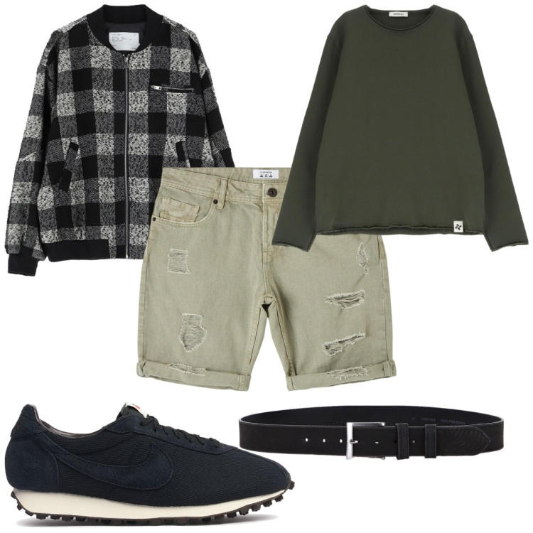 Outfit uomo - Total look #2085640. Stile Trendy per Tutti i giorni. Abbinamento con bermuda, felpe, bomber, cinture, sneakers.