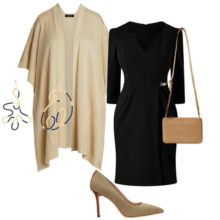 Outfit donna - Cappe e mantelle a marzo. Stile Chic per Serata fuori. Abbinamento con orecchini, vestiti a tubino, borse a tracolla, décolleté, cappe.