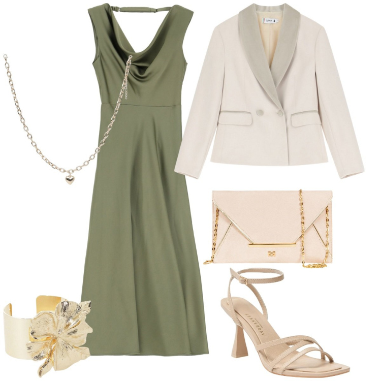 Outfit donna - Elegante in primavera. Stile Chic per Serata fuori. Abbinamento con collane, sandali col tacco, pochette, blazer, vestiti asimmetrici, braccialetti.