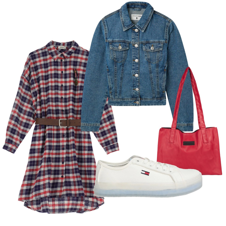Outfit donna - Serate all\'aperto. Stile Casual per Serata fuori. Abbinamento con sneakers, blazer, shopping bag, vestiti.