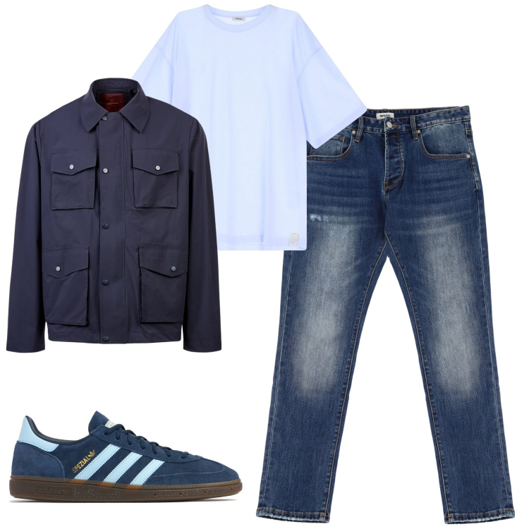 Outfit uomo - City. Stile Casual per Tutti i giorni. Abbinamento con t-shirt, jeans dritti, giacche, sneakers.