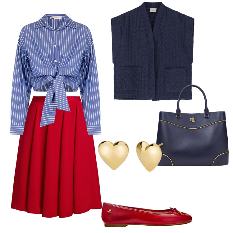 Outfit donna - La camicia annodata e il gilet. per Tutti i giorni. Abbinamento con blazer, orecchini, camicie, gonne, ballerine, borse a mano.