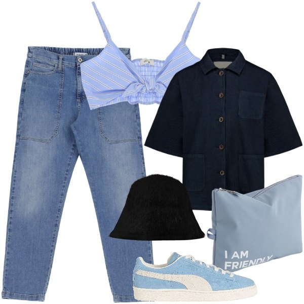 Outfit donna - Denim love. Stile Urban per Tutti i giorni. Abbinamento con sneakers, jeans, top, blazer, cappelli, valigie.
