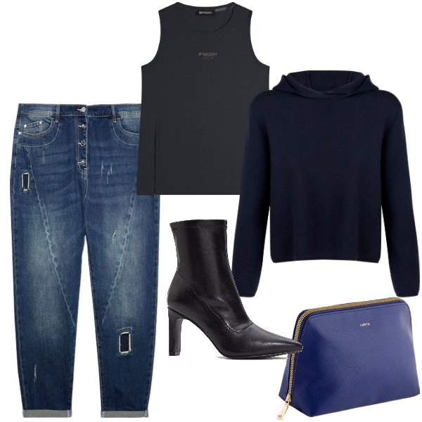 Outfit donna - Denim love. Stile Urban per Tutti i giorni. Abbinamento con stivaletti, canottiere, maglieria, jeans strappati, valigie.