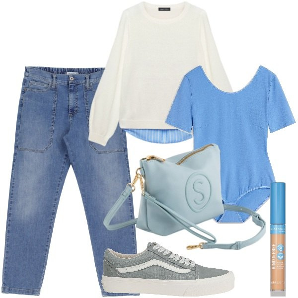 Outfit donna - Denim love. Stile Urban per Tutti i giorni. Abbinamento con body, sneakers, correttori, jeans, maglieria, valigie.